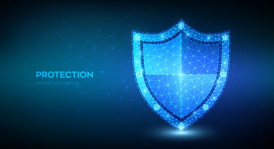 Bouclier moderne bleu avec des lignes de réseau, symbolisant la protection avancée et proactive du site web offerte par le plan CloudManage.