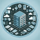 Baie de serveurs moderne avec logos de services cloud et technologies connectées.