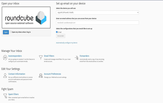 Screenshot van de startpagina van RoundCube in cPanel, toont opties voor de automatische configuratie van e-mails op diverse platforms, het beheer van filters, contacten, en andere e-mailfunctionaliteiten.
