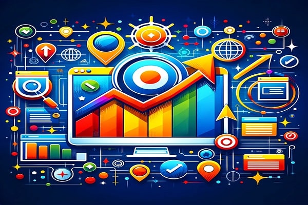 Een moderne grafiek die de stijgende progressie van SEO in digitale marketing illustreert, met iconen van een wereldbol, tekst en statistische balken, die de toename van zichtbaarheid en online succes symboliseren.
