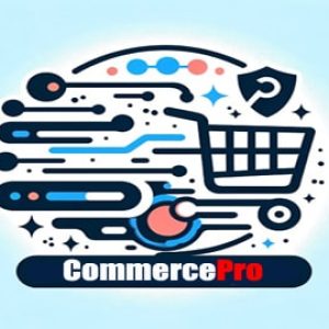 Gestileerde winkelwagen die de snelheid en efficiëntie van CommercePro symboliseert, voorzien van dynamische lijnen en de naam 'CommercePro' in witte en rode letters.