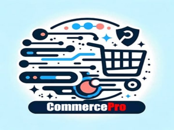 Gestileerde winkelwagen die de snelheid en efficiëntie van CommercePro symboliseert, voorzien van dynamische lijnen en de naam 'CommercePro' in witte en rode letters.