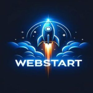 Blauwe raket symboliseert de snelle en betrouwbare webhosting van het WebStart-plan, opstijgend met rook en een oranje spoor, tekst WEBSTART onderaan.
