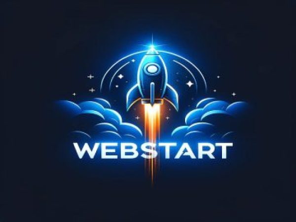 Blauwe raket symboliseert de snelle en betrouwbare webhosting van het WebStart-plan, opstijgend met rook en een oranje spoor, tekst WEBSTART onderaan.
