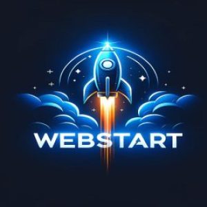 Fusée bleue symbolisant l'hébergement web rapide et fiable du Plan WebStart, décollant avec fumée et traînée orange, texte WEBSTART en bas.