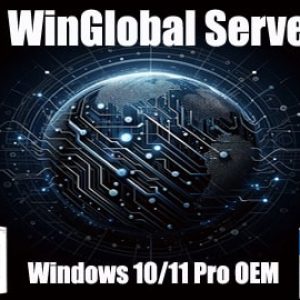 Printplaatplaneet die wereldwijde netwerken symboliseert, met 'WinGlobal Server' en logo's van 'Windows 10/11 Pro OEM', weerspiegelt de kracht en connectiviteit van Windows voor uitgebreide netwerken.