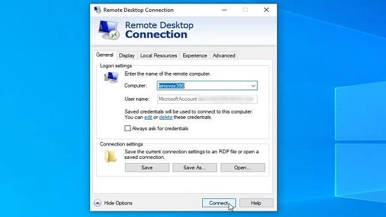 Schermafbeelding van het Windows bureaublad met de remote desktop client, toont gebruikersnaam en cursor op de 'Verbinden' knop, symboliserend gemakkelijke toegang tot telewerken.