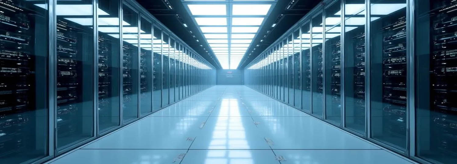 Datacentercorridor met glazen serverrekken en LED-verlichting, die de moderne infrastructuur van StrictlyHosting.be symboliseert | Couloir de centre de données avec des racks de serveurs en verre et éclairage LED au plafond, symbolisant l'infrastructure moderne de StrictlyHosting.be