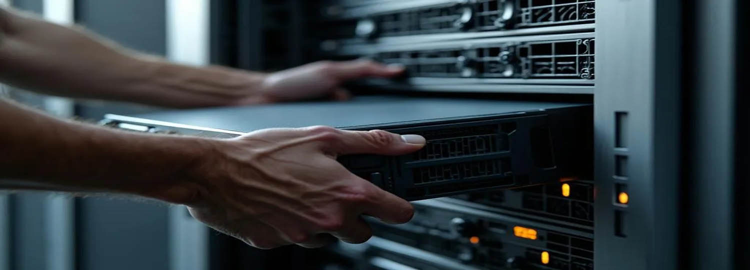 Close-up van de handen van een technicus die een 4U-bestandsserver in een serverrack plaatst, die de hoogwaardige technologie van StrictlyHosting.be symboliseert | Gros plan sur les mains d'un technicien insérant un serveur de fichiers 4U dans une baie de serveurs, symbolisant l'infrastructure haute technologie de StrictlyHosting.be